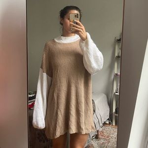 Beige and White High Neck Sweater Dress (L)